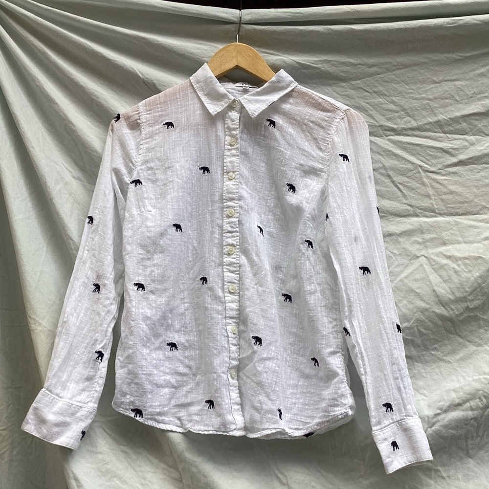 Crown & Ivy white sheer button down top with embroidered elephants, size XS